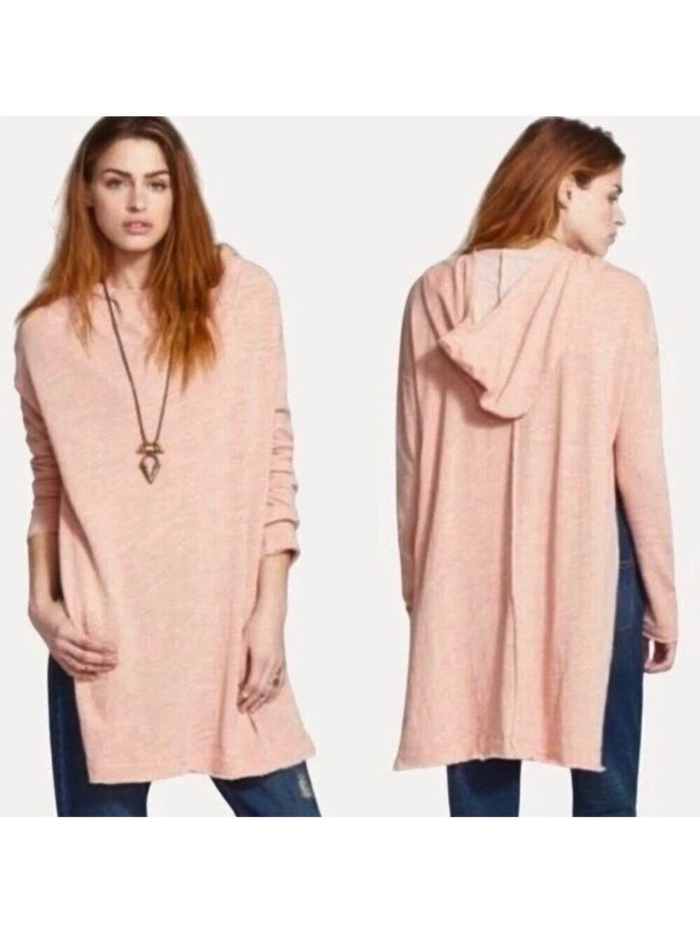Free People Beach Relaxed Oversized Long Hooded Sweatshirt Swim Cover Pink OS